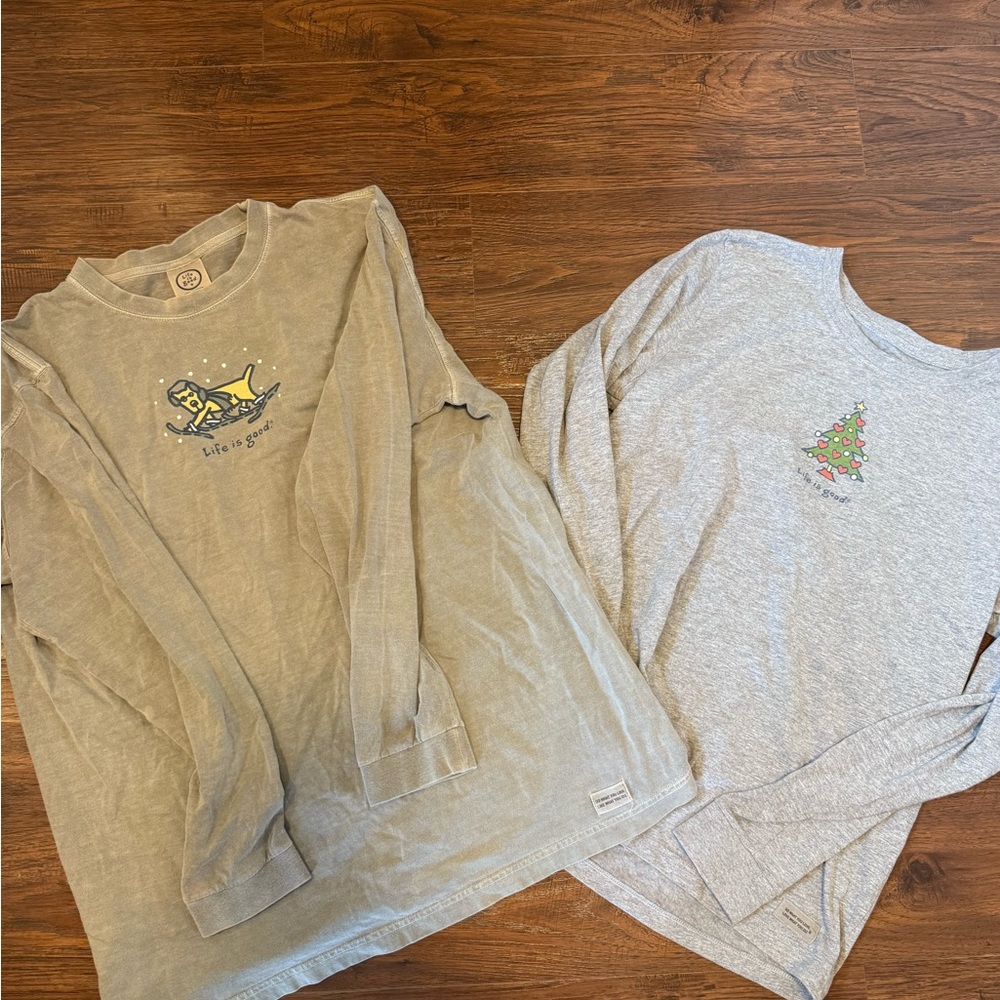 Life Is Good Women’s Green and Light Gray Long Sleeve T-shirts
